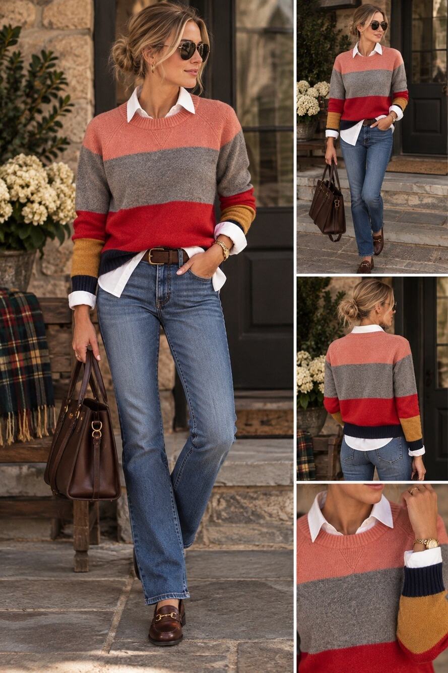 J.CREW Women’s Knit Colorblock Striped Crew Neck Pullover Pink Gray Navy